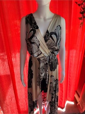 Sleeveless Black Floral on Cream High-Low Wrap Dress